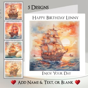 Vintage scheepskaart: tekst + naam toevoegen ~ 5 ontwerpen om uit te kiezen ~ binnenbericht ~ schip, piratenschip, boot, zee, sloep, galjoen, oud schip