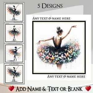 Tarjeta de bailarina: agrega tu texto + nombre, mensaje interior, 5 diseños, ballet, zapatillas de ballet, mariposa, bailarina, baile, tutú, recital, música