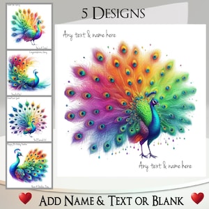Biglietto di auguri Pavone: aggiungi il tuo testo + nome, messaggio interno, 5 design tra cui scegliere ~ Piuma di pavone, uccello, uccello selvatico, coda arcobaleno, colore brillante