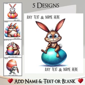Carte de Pâques : ajoutez votre texte et votre nom, message à l'intérieur, 5 modèles, lapin de Pâques original, lapin, animal de compagnie, œufs de Pâques, drôle, dessin, comique
