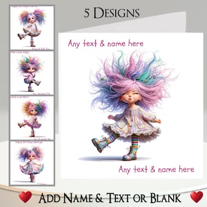 Tarjeta de Chica Arcoíris: Agrega tu nombre + texto, mensaje interior, 5 diseños. Chica peculiar y adorable, cabello arcoíris grande, botas, vestido de fiesta, divertida y humorística.
