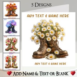 Kaart tuinlaarzen: tekst en naam toevoegen, bericht binnenin, 5 ontwerpen, tuin, tuinman, bloemen, madeliefje, hyacint, roos, anjer, hobby