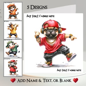 Carte animal hip hop : ajoutez votre texte et votre nom ~ 5 modèles au choix ~ message à l'intérieur ~ chien, chat, girafe, vache, zèbre, casquette de baseball, rap