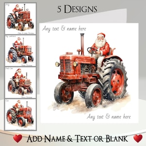 Cartão de Natal: Adicione seu texto + nome, mensagem interna, 5 designs, Pai Natal, Papai Noel, Dirigindo, Trator, Construção, Veículo agrícola