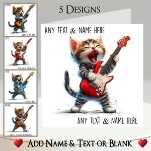 Rockin' Cat-kaart: tekst + naam toevoegen ~ bericht binnen ~ Kat, kitten, gitaar, basgitaar, rock-'n-roll, trendy, muzikale kat, rockband, muziek