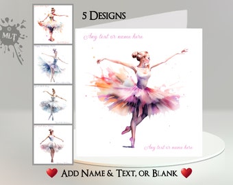 Carte ballerine : ajoutez votre texte et votre nom ~ 5 motifs ~ message intérieur ~ Ballet, chaussons de danse, danse, danse, tutu, récital de danse, musique