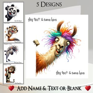 Carte d'animal furtivement : ajoutez votre texte et votre nom, 5 motifs, animaux de zoo originaux, panda, suricate, lama, alpaga, zèbre, singe, drôle, humour