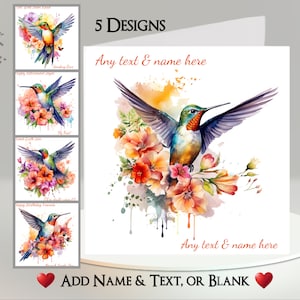 Vogelkaart: tekst + naam toevoegen ~ binnenbericht ~ kolibrie, bloesem, boom, tak, vogel op tak, vogel in bloemen, heldere bloemen