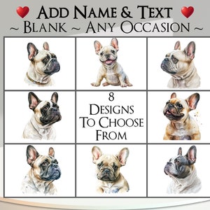 Biglietto di auguri per bulldog francese: aggiungi il tuo testo + nome ~ Messaggio interno ~ Qualsiasi occasione o vuoto ~ Ritratto di bulldog francese, cane, animale domestico, cane