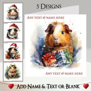 Kerstkaart: tekst en naam toevoegen, bericht binnenin, 5 ontwerpen, cavia, knaagdier, huisdier, cavia, cavia's, kerstmuts, cadeau, cadeau, hulst