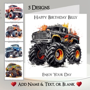 Tarjeta de Monster Truck: agrega tu texto + nombre ~ 5 diseños para elegir ~ Mensaje interior ~ Monster Truck, carreras, camioneta, vehículo utilitario