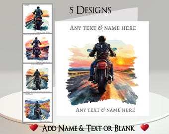 Biker Card: Add Your Text + Name, Inside Message, or Blank. 5 Designs. Motorcycle, Motorbike, Bike, Bikers, Rider, Ride Out, Test, MOD