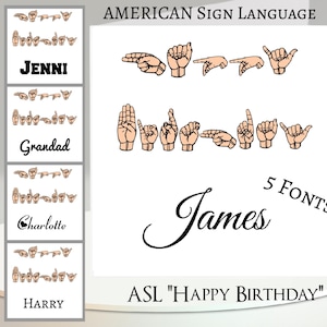 ASLバースデーカード：テキストと名前を追加、メッセージカード、5種類のフォント。アメリカ手話で誕生日おめでとう。難聴の方、聴覚障害の方、手話