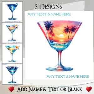 Carte de cocktail de plage : personnalisée, ajoutez votre texte et votre nom, message à l'intérieur, 5 modèles au choix ~ verre à cocktail, tropical, palmier