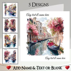 Gondola Card: Add Your Text + Name, Inside Message, 5 Designs. Continental House, Town, River, Canal, Venice, Italy, Boat, Gondolier, Oar