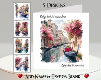Gondola Card: Add Your Text + Name, Inside Message, or Blank. 5 Designs. European, Town, River, Canal, Venice, Italy, Boat, Gondolier, Oar