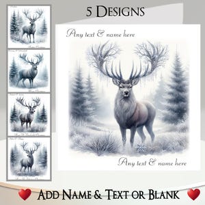Weihnachtskarte: Fügen Sie Ihren Text + Namen, Innentext, 5 Designs, Rentier, Reh, Hirsch, Schnee, Weihnachtsbaum, Tannenbaum, Zeichnung, Traditionell hinzu