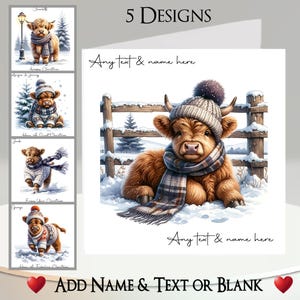 Cartão de Natal: Adicione seu texto + nome, mensagem interna, 5 designs, vaca das Terras Altas, bezerro, neve, árvore de Natal, chapéu, cachecol, lâmpada, vaca escocesa