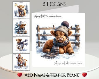 Christmas Highland Cow Card: Add Your Text + Name, Inside Message, 5 Designs. Calf, Snow, Tree, Hat, Scarf, Lamp-post, Fence, Scottish Cow