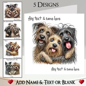 Tarjeta de perro: Añade tu texto + nombre, mensaje interior, 5 diseños. Trío de perros, amigos, compañeros, desaliñados, abrazos, caricias, divertidos, chistosos.