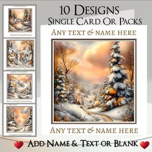 Op de afbeelding: Een vierkante wenskaart met een besneeuwd winterlandschap met dennenbomen en een kronkelend pad onder een zachte zonsonderganghemel. De kaart bevat de tekst 10 DESIGNS SINGLE CARD OR PACKS, ANY TEXT & NAME HERE en ADD NAME & TEXT OR BLANK.