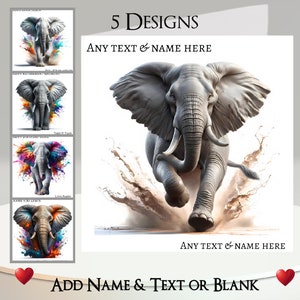 Carte éléphant : ajoutez votre texte et votre nom ~ 5 modèles au choix ~ message à l'intérieur, arc-en-ciel, safari, Afrique, Inde, jungle, portrait d'éléphant