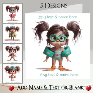 Little Swimmer Card: Add Your Text + Name, Inside Message, 5 Designs. Swimming, Swim, Pool, Gala, Arm Bands, Snorkel, Flippers, Goggles