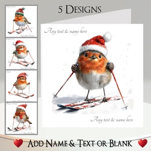 Kerstkaart: tekst en naam toevoegen, bericht binnenin, 5 ontwerpen, roodborstje, roodborstje, kerstmuts, ski, skiën, ski's, sneeuw, sneeuwvlok, grappige vogel