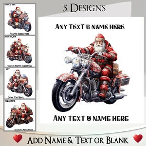 Cartão de Natal: Adicione seu texto + nome, mensagem interna, 5 designs, Papai Noel motociclista, Motocicleta, Motocicleta, Bicicleta, Chopper