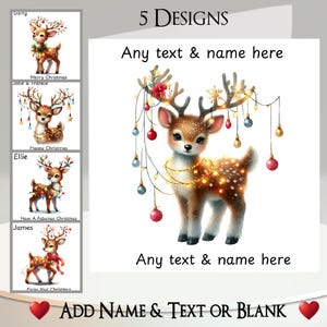 Weihnachtskarte: Fügen Sie Ihren Text + Namen, Innentext, 5 Designs, Rentier, Hirsch, Rehkitz, Geweih, Lichter, Kugeln, Dekorationen, Stechpalme, Schal hinzu