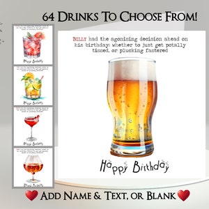 Carte de boissons pour adultes : ajoutez votre texte et votre nom, choisissez parmi 64 boissons ~ message intérieur ~ alcool, drôle, humoristique, boisson, bière, vin, cocktail