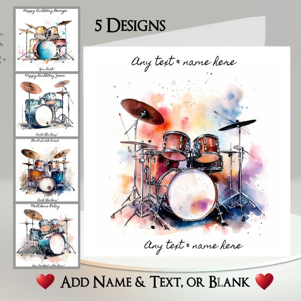 Drum Kit Card: Add Your Text + Name ~ Inside Message ~ Drum Set, Drums, Musician, Drummer, Rocker, Music, Instrument, Rock Band, Band