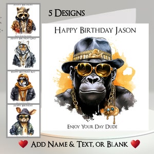 Gangsta Tier Karte: Füge Deinen Text + Namen hinzu ~ 5 Designs zur Auswahl ~ Deine Botschaft ~ Gorilla, Waschbär, Tiger, Pinguin, Kaninchen