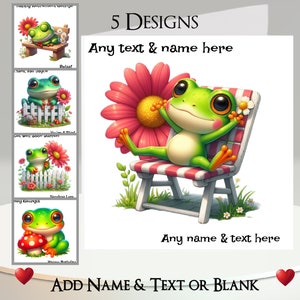 Carte grenouille : ajoutez votre texte et votre nom ~ message intérieur ~ grenouilles rigolotes, grenouille mignonne, fleurs, clôture, banc, endormi, champignon vénéneux, humoristique, amphibien