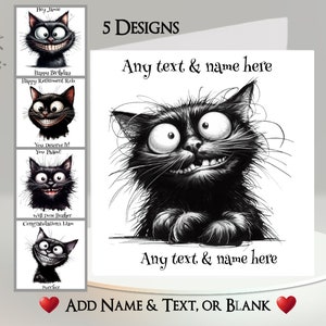 Carte chat : ajoutez votre texte et votre nom ~ message à l'intérieur ~ chat drôle, chat noir, chat souriant, chat souriant, chat souriant, sourire, dents, félin, animal de compagnie