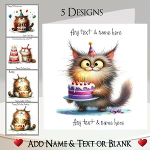 Carte d'anniversaire chat : ajoutez votre nom + texte, message à l'intérieur, 5 modèles. Gâteau d'anniversaire, Bougies, Chat original, Chapeau de fête, Animal de compagnie, Félin, Mignonne, Drôle