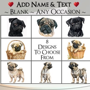 Mopshondkaart: voeg je tekst en naam toe ~ binnenbericht ~ elke gelegenheid of blanco ~ mopshond, hond, hond, portret, huisdier