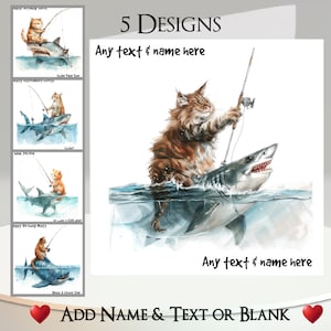 Carte chat pêcheur : ajoutez votre texte et votre nom ~ 5 modèles au choix ~ message à l'intérieur ~ chat, pêcheur, chat roux, poisson, poisson-chat, pêche au requin