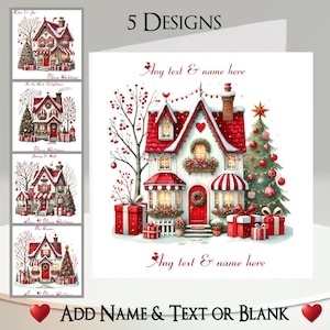 Kerstkaart: tekst en naam toevoegen, bericht binnenin, 5 ontwerpen, rood huis, sneeuw, cadeau, cadeau, kerstboom, buurman, familie, vriend