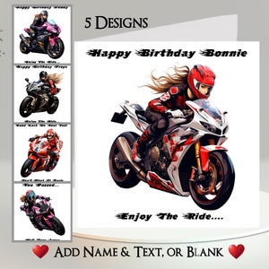Tarjeta de Moto: Agrega tu texto + nombre, mensaje interior, 5 diseños. Moto, Motociclista, Bicicleta