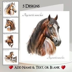Biglietto di auguri con cavalli: aggiungi il tuo testo + nome ~ 5 design tra cui scegliere ~ Messaggio interno ~ Western, Far West, Cavallo marrone, Cavalli selvaggi, Cavaliere