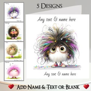 Tarjeta de Monstruo Adorable: Agrega tu texto + nombre, mensaje interior, 5 diseños. Esponjosa, peculiar, animal extraterrestre, flores, botas, ojos grandes, divertida, humorística