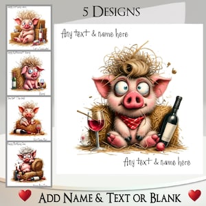 Carte de cochon : ajoutez votre texte et votre nom, message intérieur, 5 motifs, cochon, porcelet, cochon heureux, cochon ivre, cochon à boire, vin, botte de foin, basse-cour, ferme