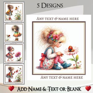 Carte de fille coccinelle : ajoutez votre nom + texte, message à l'intérieur, 5 modèles. Fille originale, Coccinelle, Insectes, Fleurs, Printemps, Jardin, Bottes, Mignon
