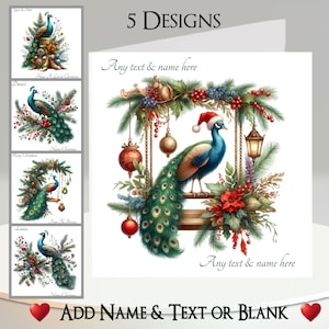 Cartão de Natal: Adicione seu texto + nome, mensagem interna, 5 designs, pavão, pássaro, balanço, galho, abeto, azevinho, frutas vermelhas, enfeites, chapéu de Papai Noel