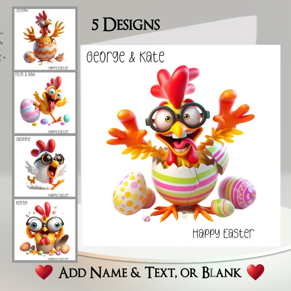 Funny Easter Card: Personalised ~ Add Your Text + Name ~ Inside Message ~ 5 Designs To Choose From ~ Easter Chicken, Easter Eggs, Humorous