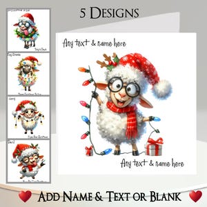 Cartão de Natal: Adicione seu texto + nome, mensagem interna, 5 designs, ovelha engraçada, ovelha, animal de fazenda, chapéu de Papai Noel, luzes de Natal, presente, presente