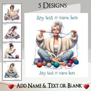 Könnte beinhalten: Design einer Grußkarte mit einer strickenden Frau, umgeben von bunten Wollknäueln. Die Karte enthält den Text "5 Designs" und die Möglichkeit, einen individuellen Text und einen Namen hinzuzufügen. Zusätzliche Designs sind links abgebildet.