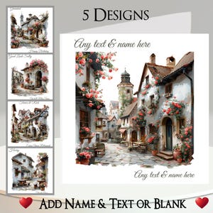 Biglietto "Village Life": aggiungi il tuo testo e nome, messaggio interno, 5 design. Tropicale, Sole, Casa Continentale, Cottage, Fiori, Città