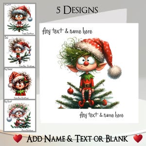 Kerstkaart: tekst en naam toevoegen, bericht binnenin, 5 ontwerpen, brutale elf, groot haar, grote ogen, schattige elf, tak, boom, kerstmuts, kerstballen